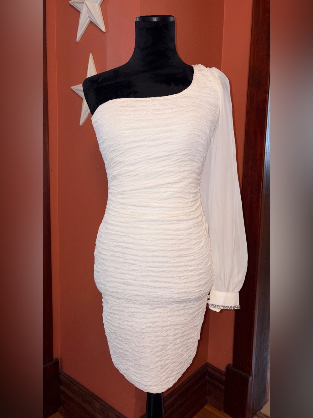 Ruby Rox Y2K 2000’s White One-Shoulder Ruched Midi Dress with Draped Sleeve